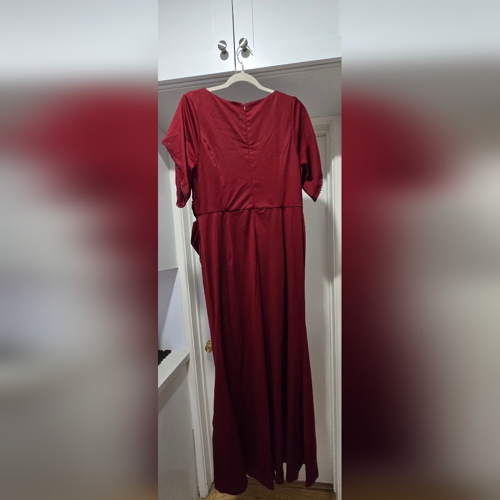 Burgundy V-Neck Maxi Dress, Tulip Sleeves, Adjustable Side Slit Sz 16 - Picture 13 of 14